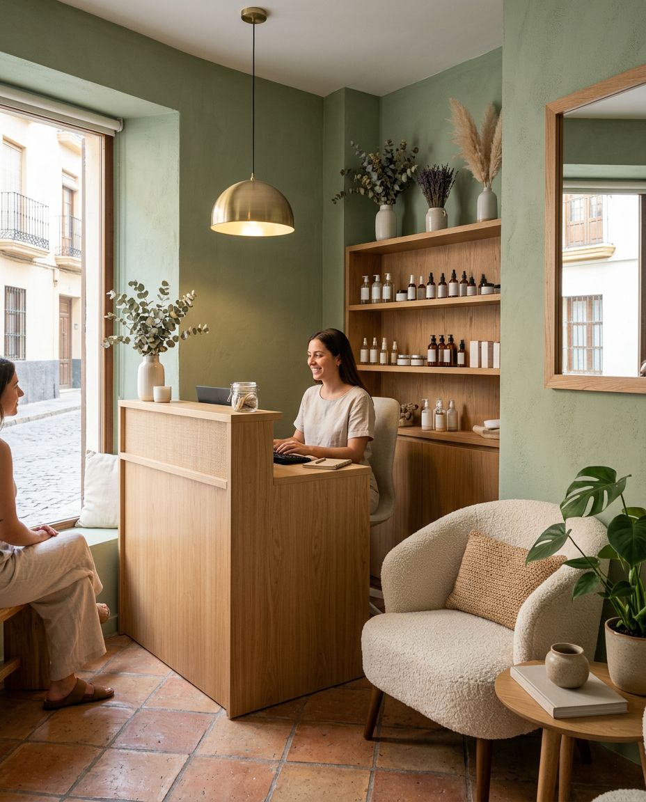 Recepción de un centro de estética con pared verde salvia, mostrador de madera y butaca crema