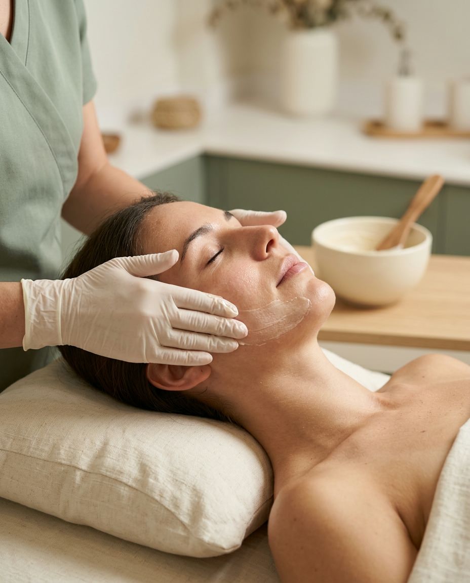 Clienta relajada recibiendo una limpieza facial