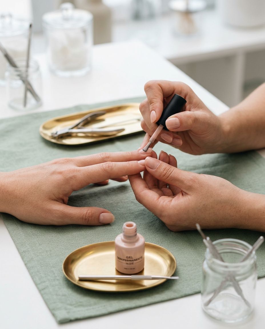 Manicurista aplicando esmaltado permanente en tono nude