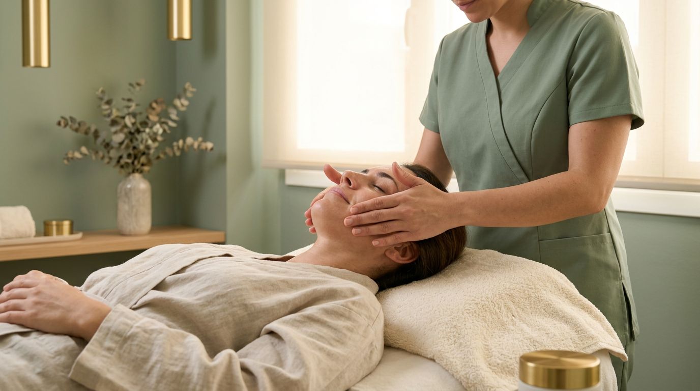 Esteticista realizando un tratamiento facial a una clienta en una cabina en tonos verde salvia